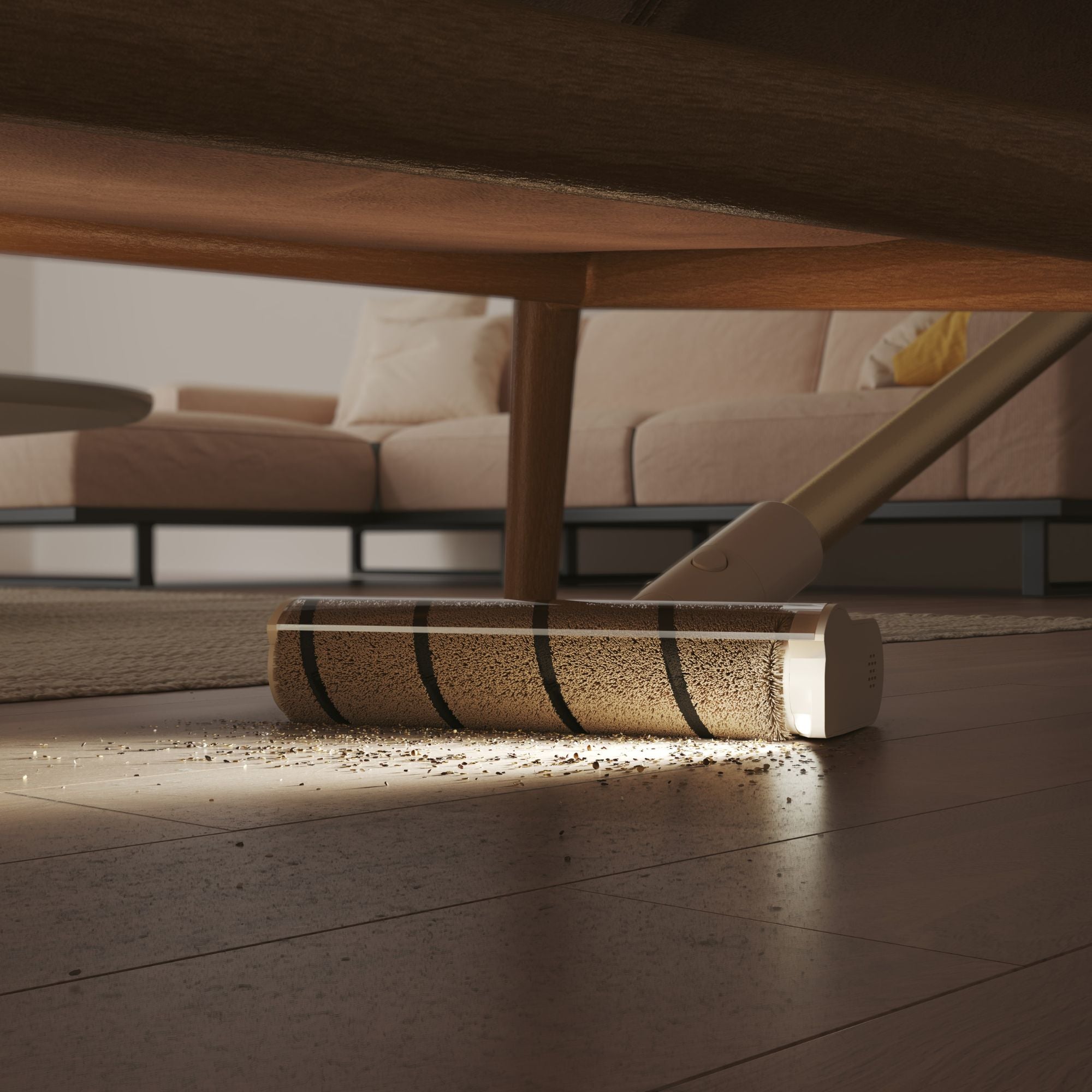 Dreame R10 vacuum cleaning dust under furniture on wooden floor