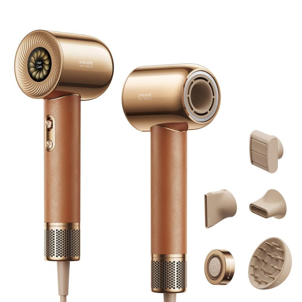 Dreame Hair Glory hair dryer in gold with full set of magnetic attachments