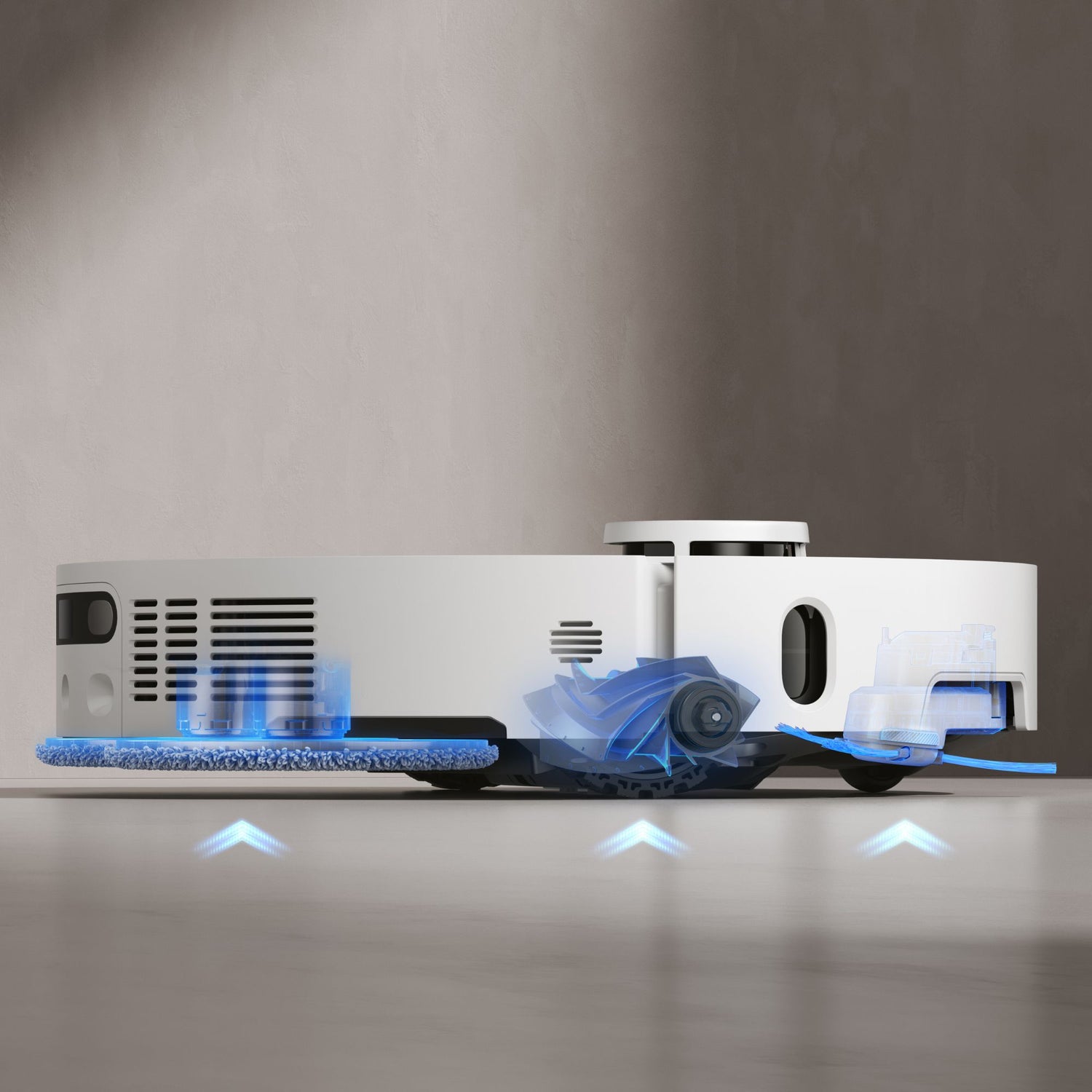 Smart robot vacuum with advanced internal components, featuring dual rotating mops, precision water control, and a powerful suction motor.