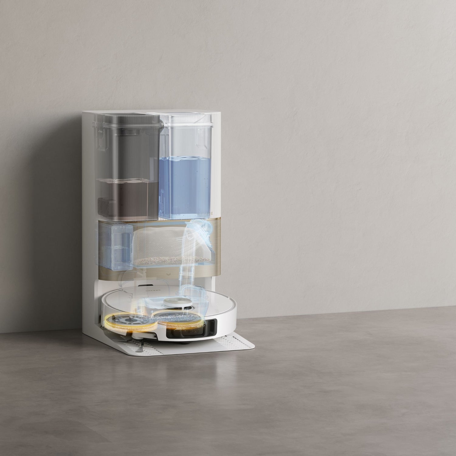 Self-cleaning robot vacuum docking station with dual water tanks and automated mop washing system.