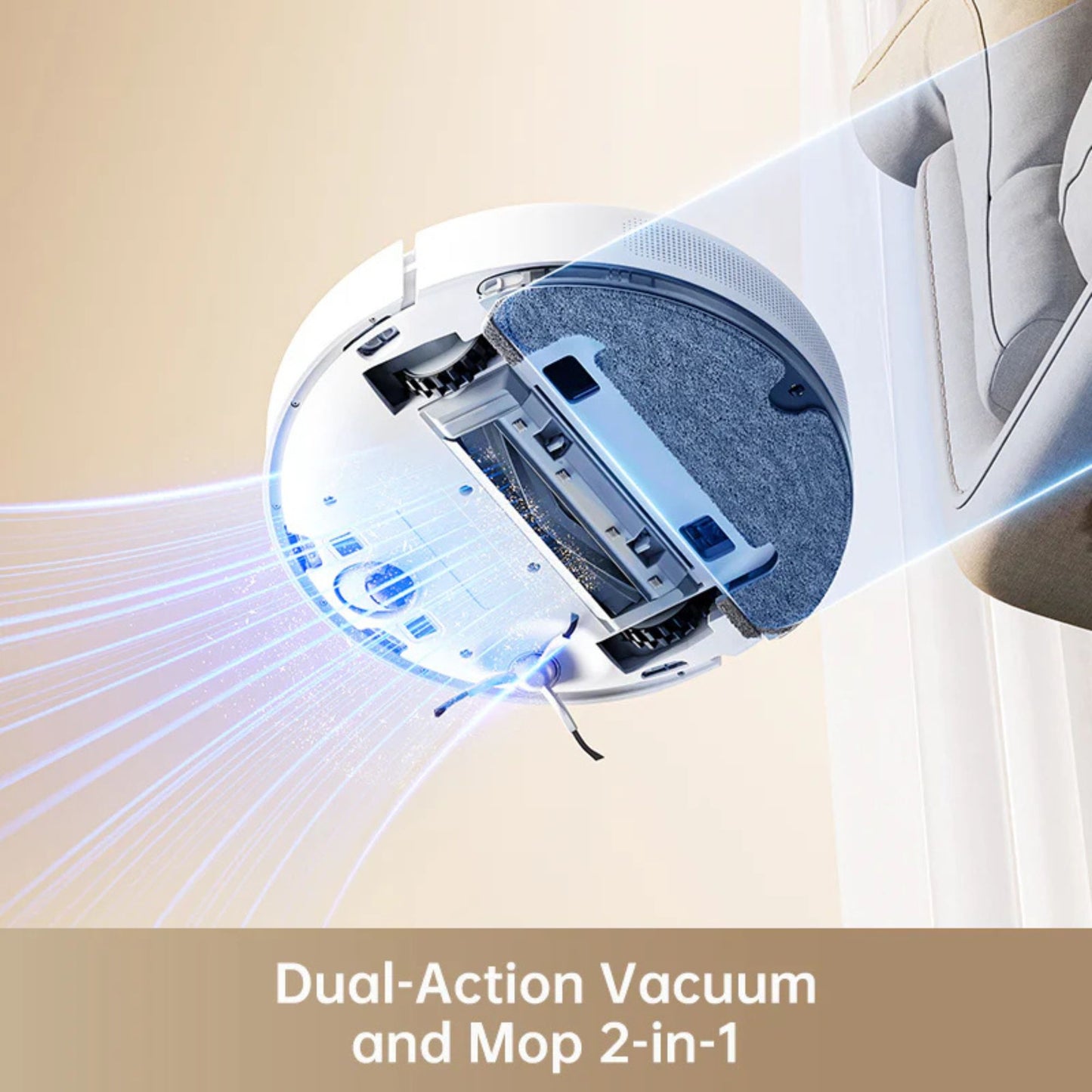 Underside of Dreame robot vacuum with dual vacuum and mop system