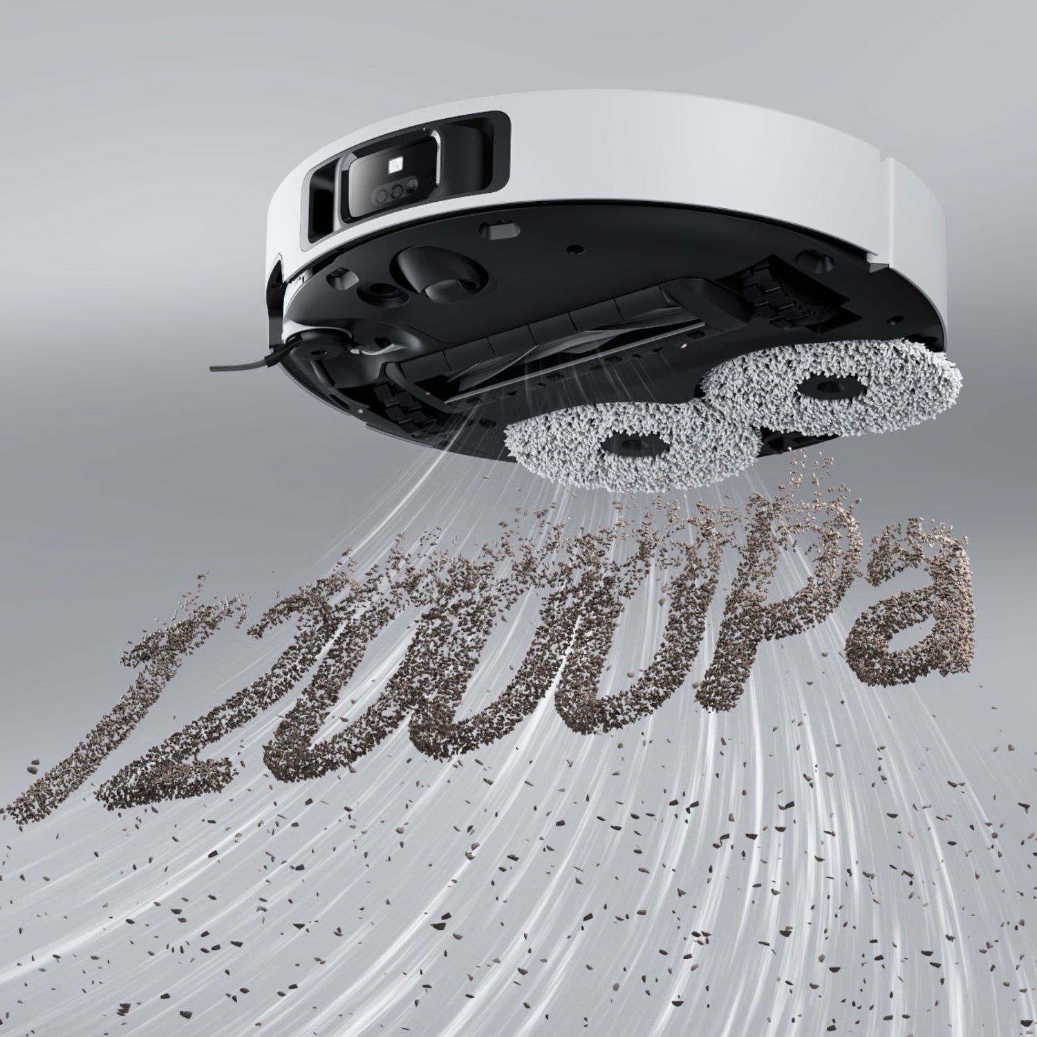 High-performance robot vacuum showcasing 12,000Pa suction power with dual rotating mop pads.