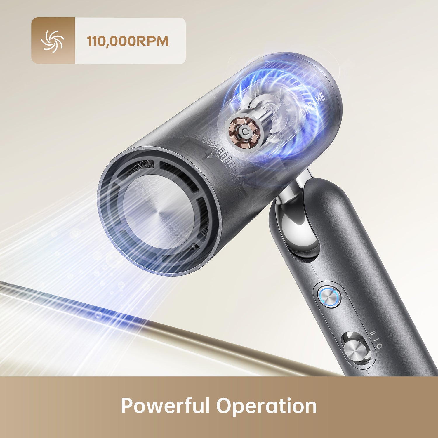 Dreame Pocket hair dryer with 110,000 RPM high-speed motor delivering powerful airflow for fast and efficient drying.