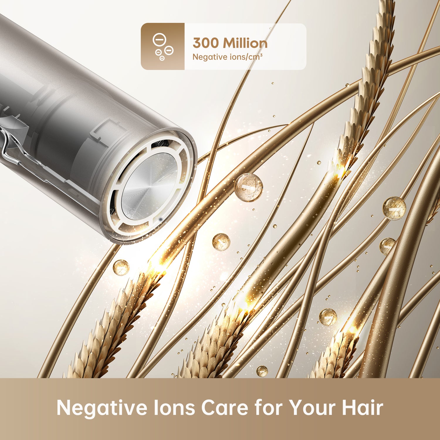 Dreame Pocket hair dryer releasing 300 million negative ions per cm³ to reduce frizz and enhance shine.