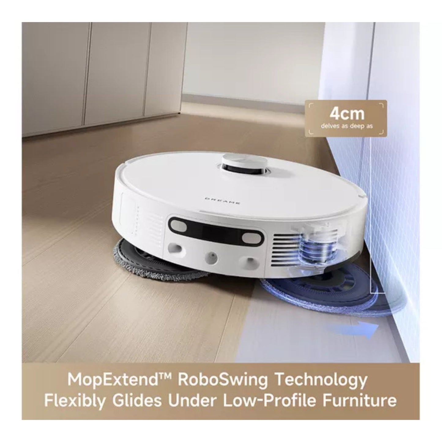 Dreame robot vacuum with MopExtend gliding under low furniture