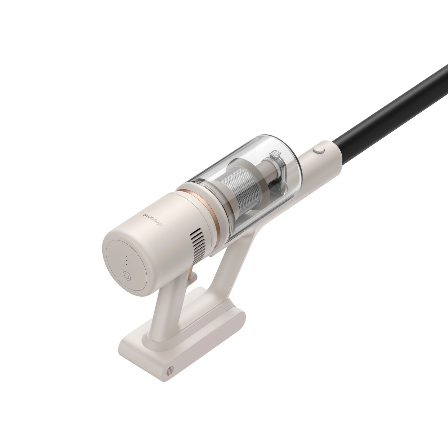 Close-up of Dreame U10 cordless vacuum stick showcasing sleek white design and transparent dustbin