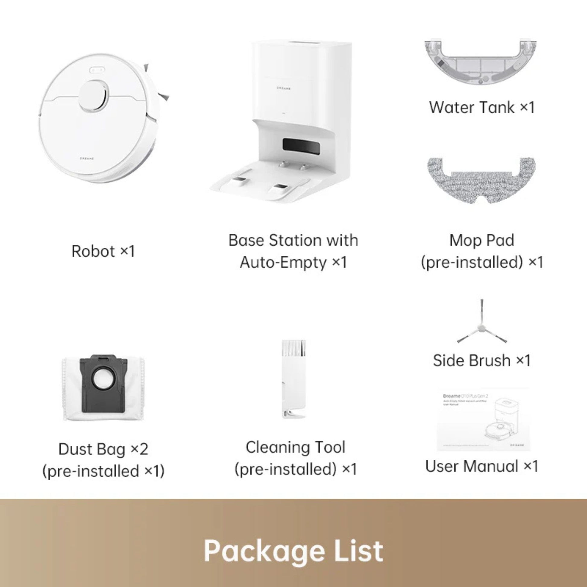 Dreame robot vacuum package with base, dust bag, mop, and tools