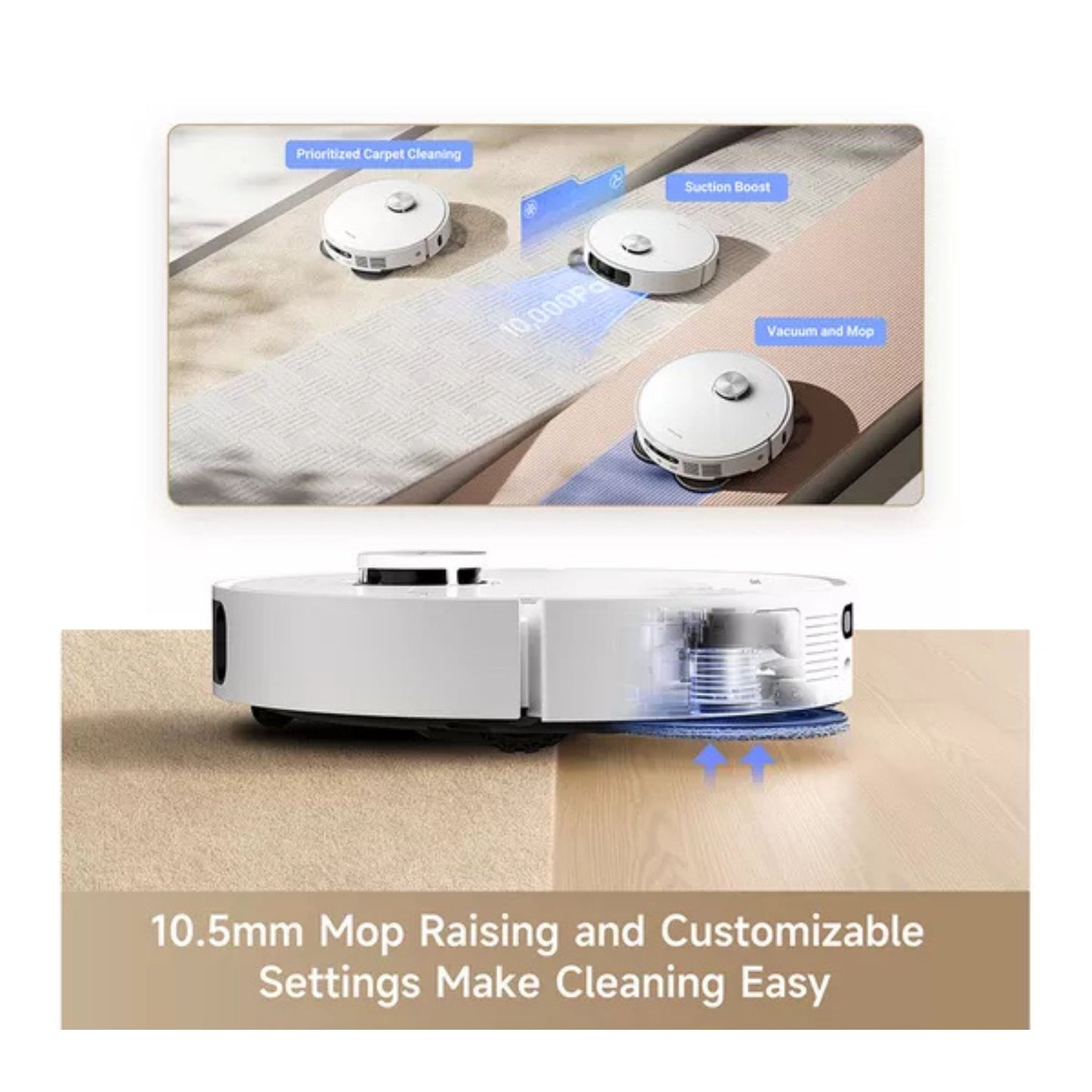 Dreame robot vacuum auto-raises mop for carpet and floor cleaning