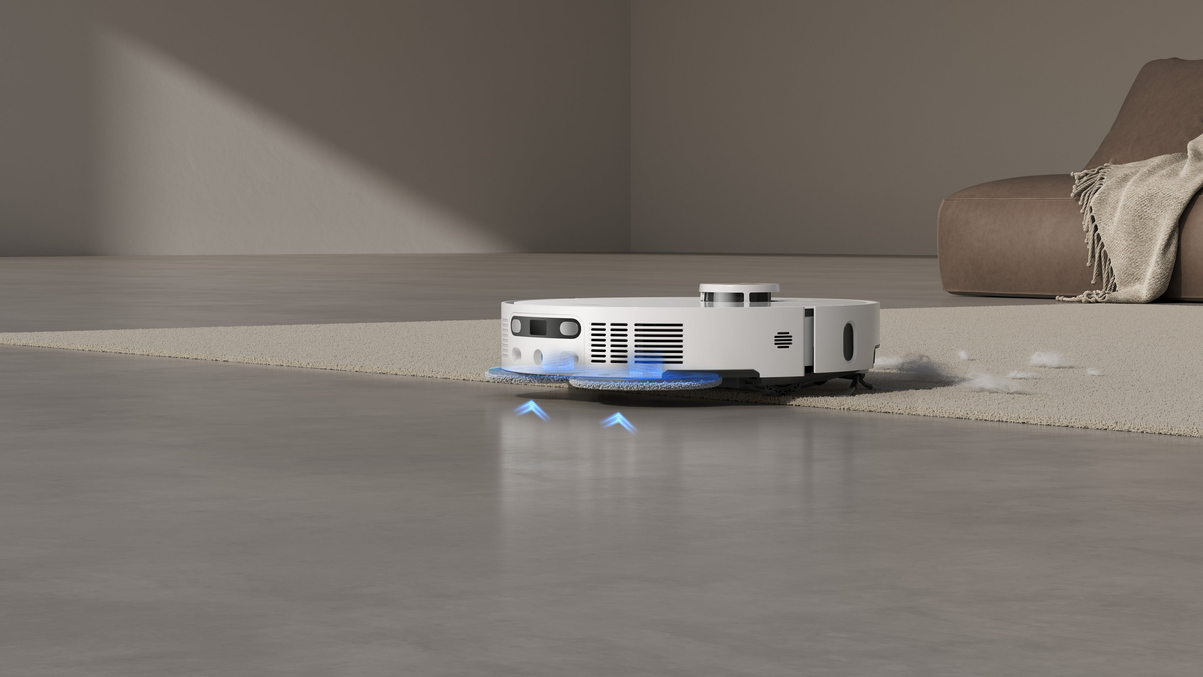 Advanced robot vacuum with dual rotating brushes and liftable mop system, seamlessly transitioning from hard floors to carpet while removing dust and pet hair.