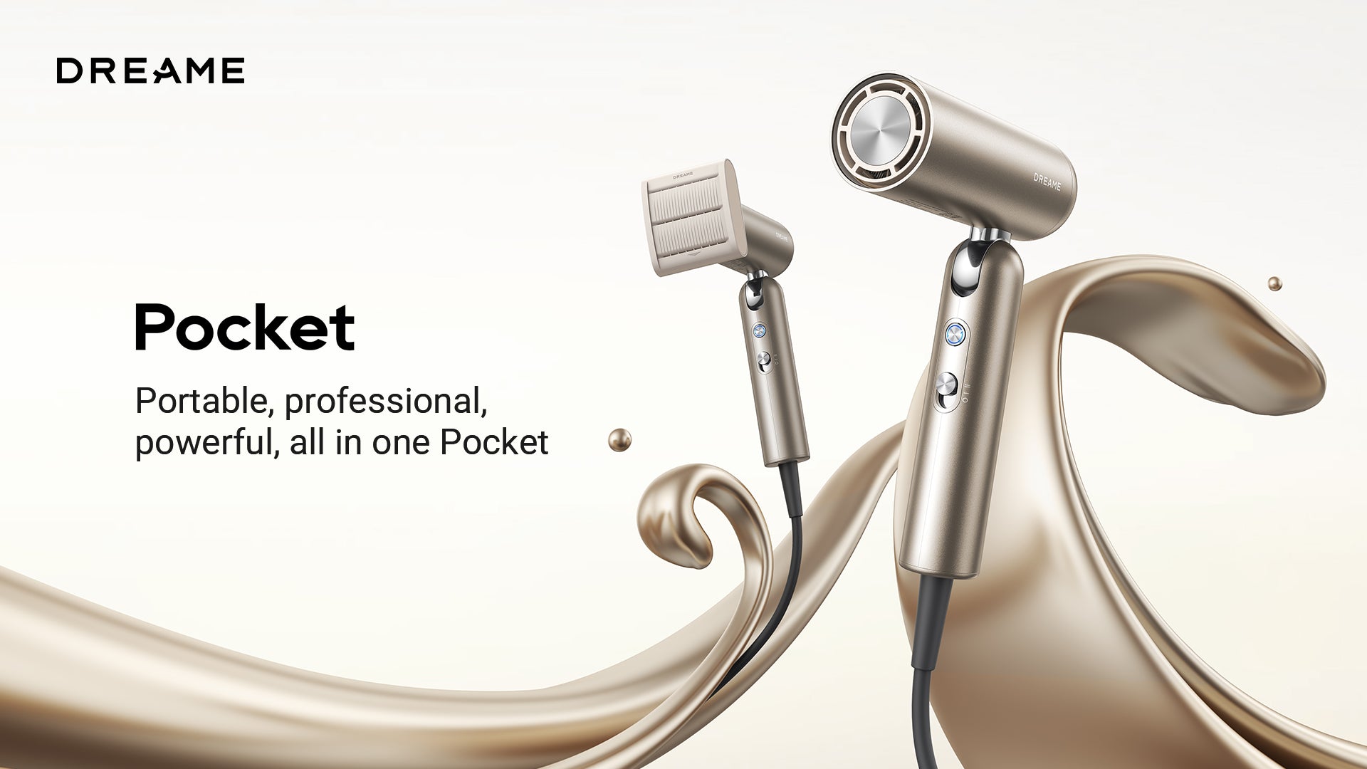 Dreame Pocket hair dryer in titanium gold finish, combining professional power and portability in a sleek compact design.