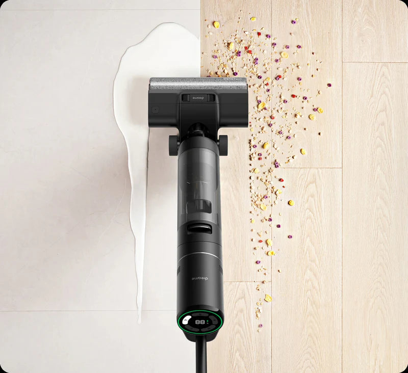 Dreame H12 Pro wet and dry vacuum cleaning spilled cereal and milk from wooden floor
