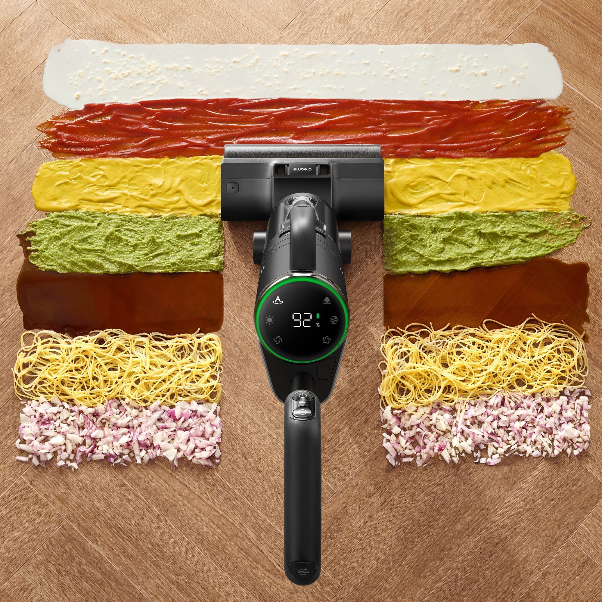 Dreame vacuum cleaning sauces, noodles, and vegetables on floor