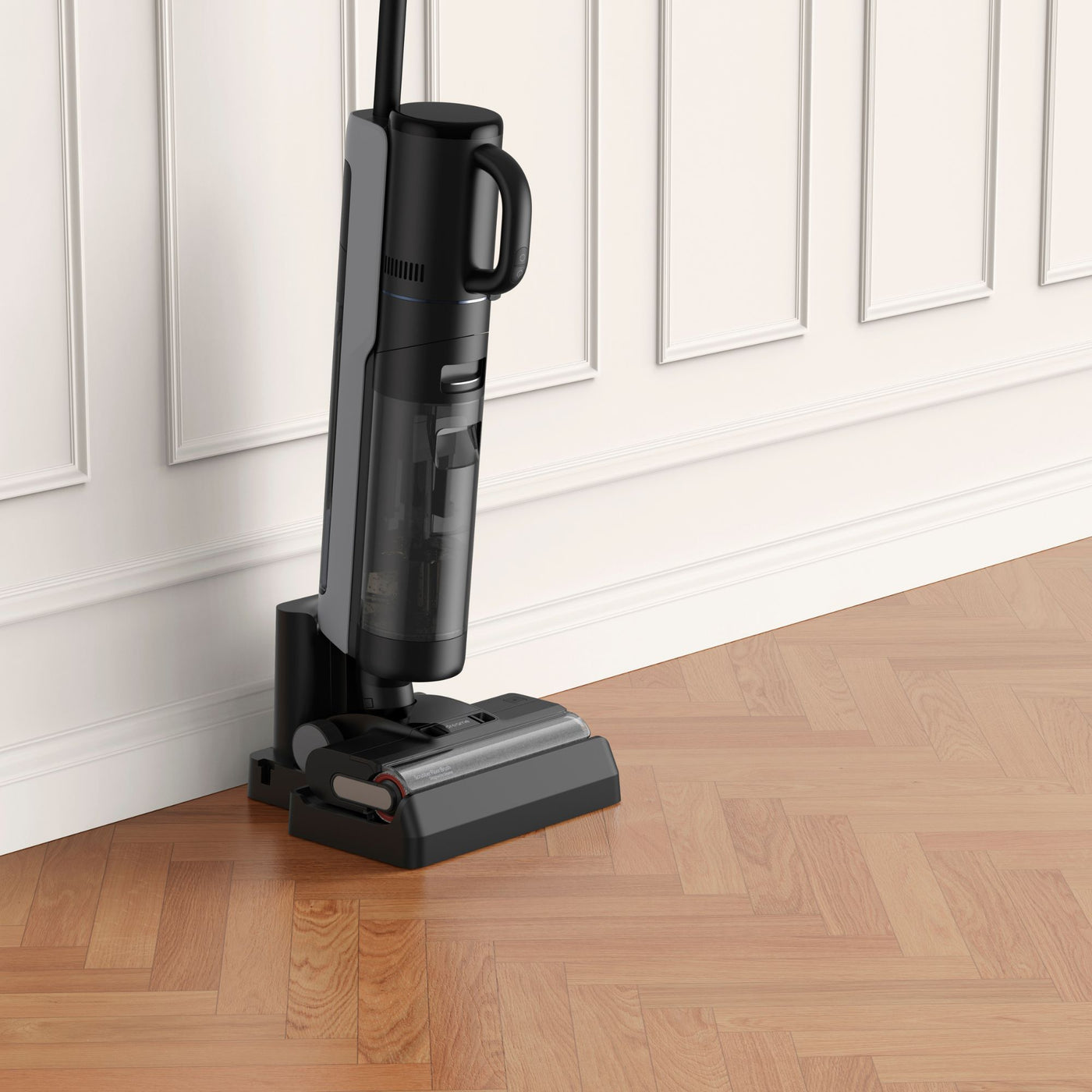 Dreame wet and dry vacuum stored upright on docking and charging base